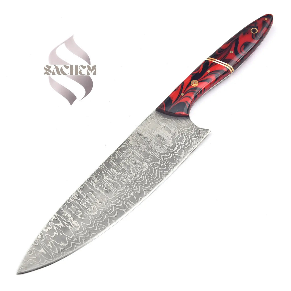 Custom Stainless Steel Damascus Chef Knife Kitchen Red Black