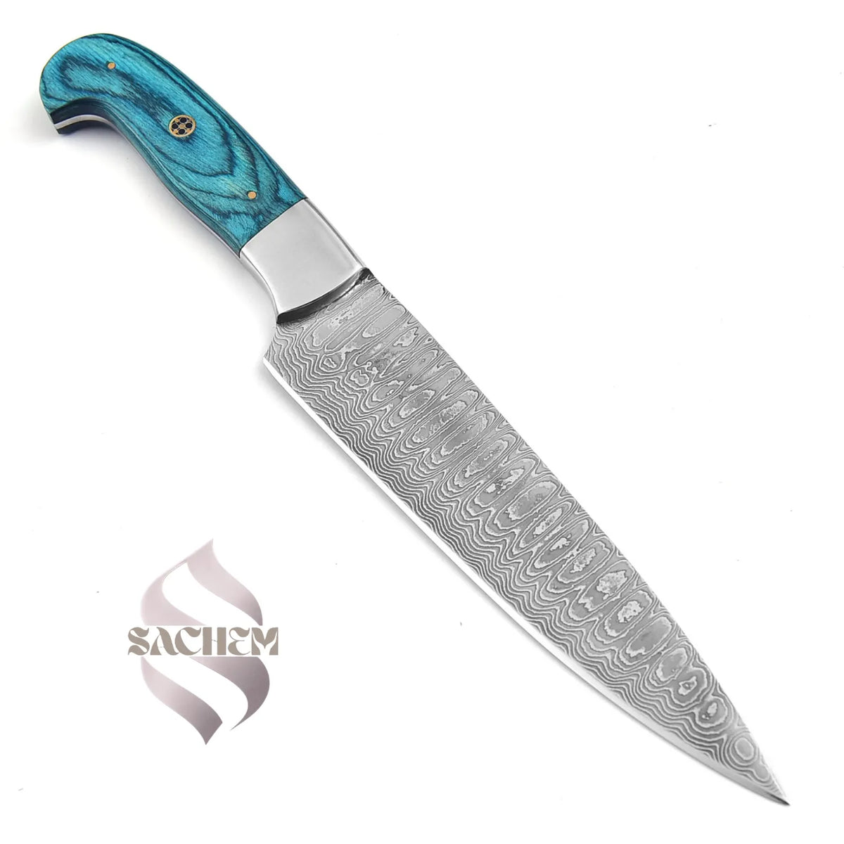 Rust Proof Damascus Kitchen Knife Turquoise Blue Handle 304