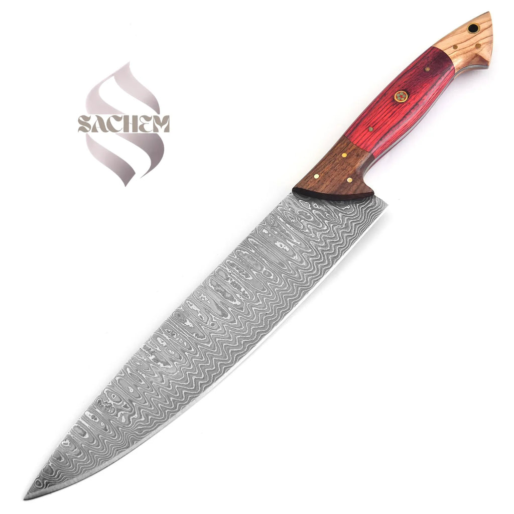 Handmade Stainless Steel Damascus Chef Knife Red Wood 301 Sachem
