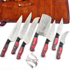 Red 7 pc Damascus Kitchen Knife Set with Bag 136 Sachem