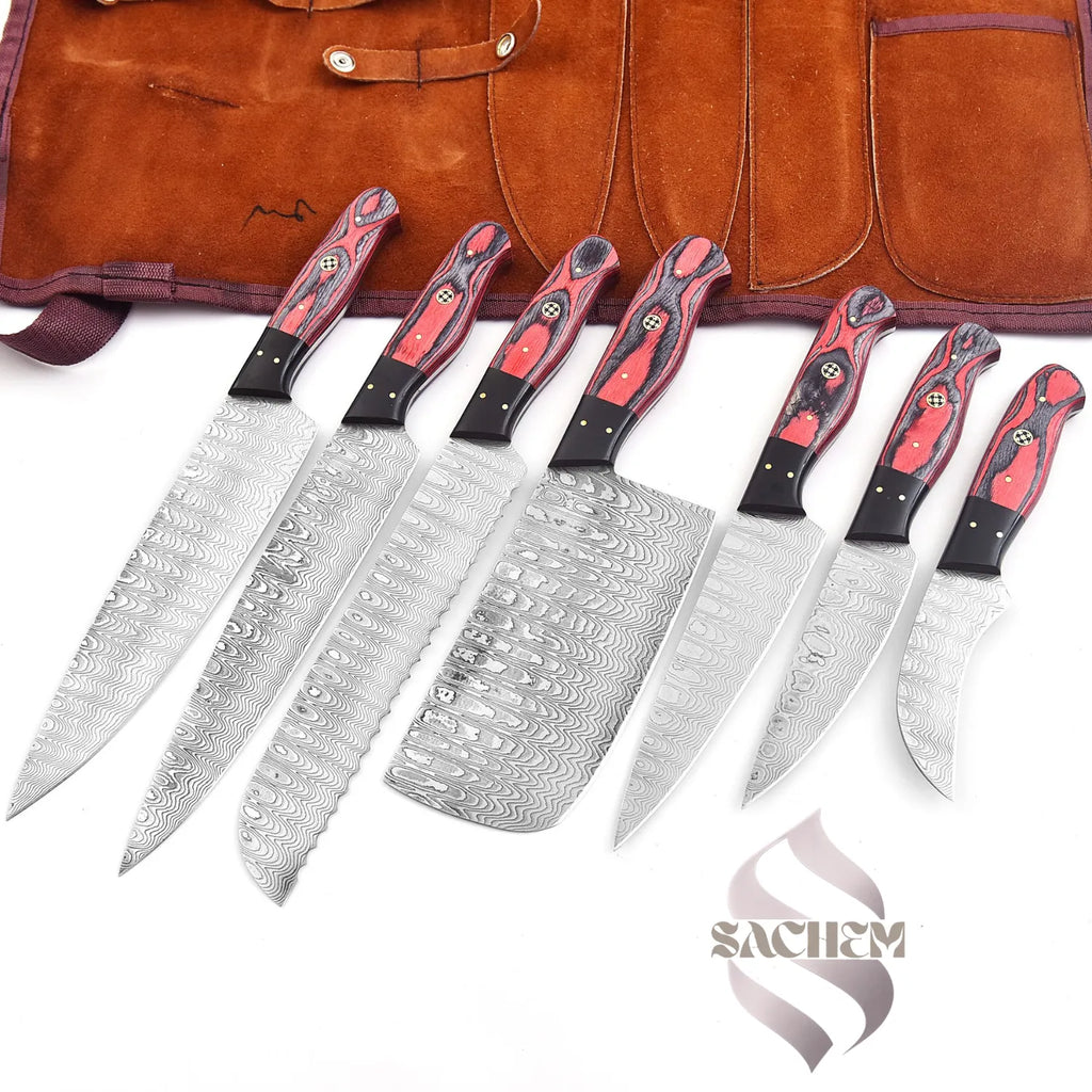 Red 7 pc Damascus Kitchen Knife Set with Bag 136 Sachem
