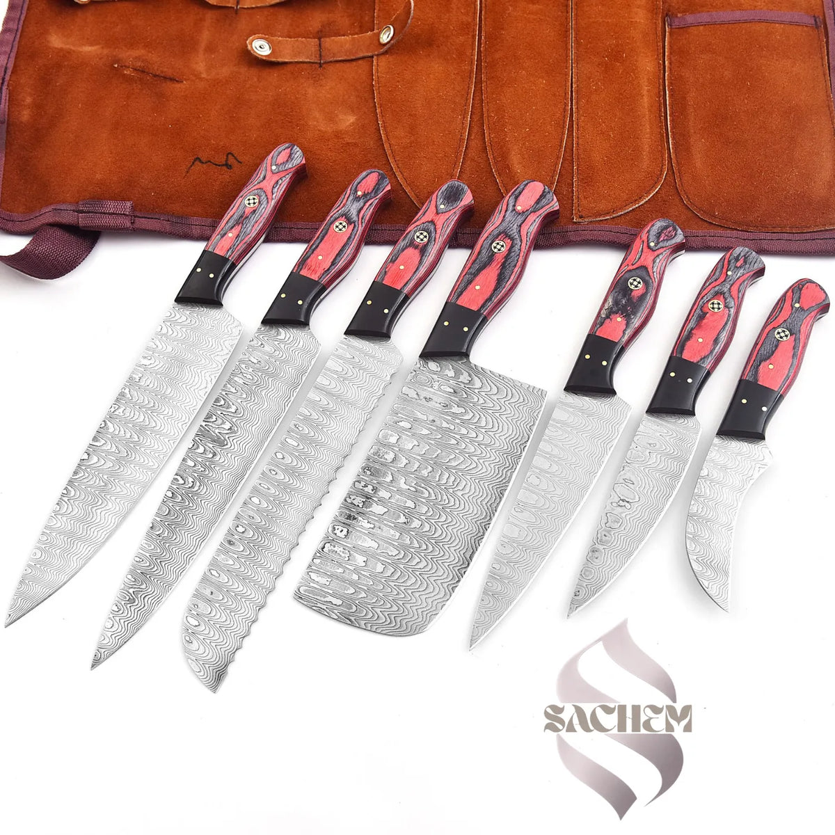 Red 7 pc Damascus Kitchen Knife Set with Bag 136 Sachem