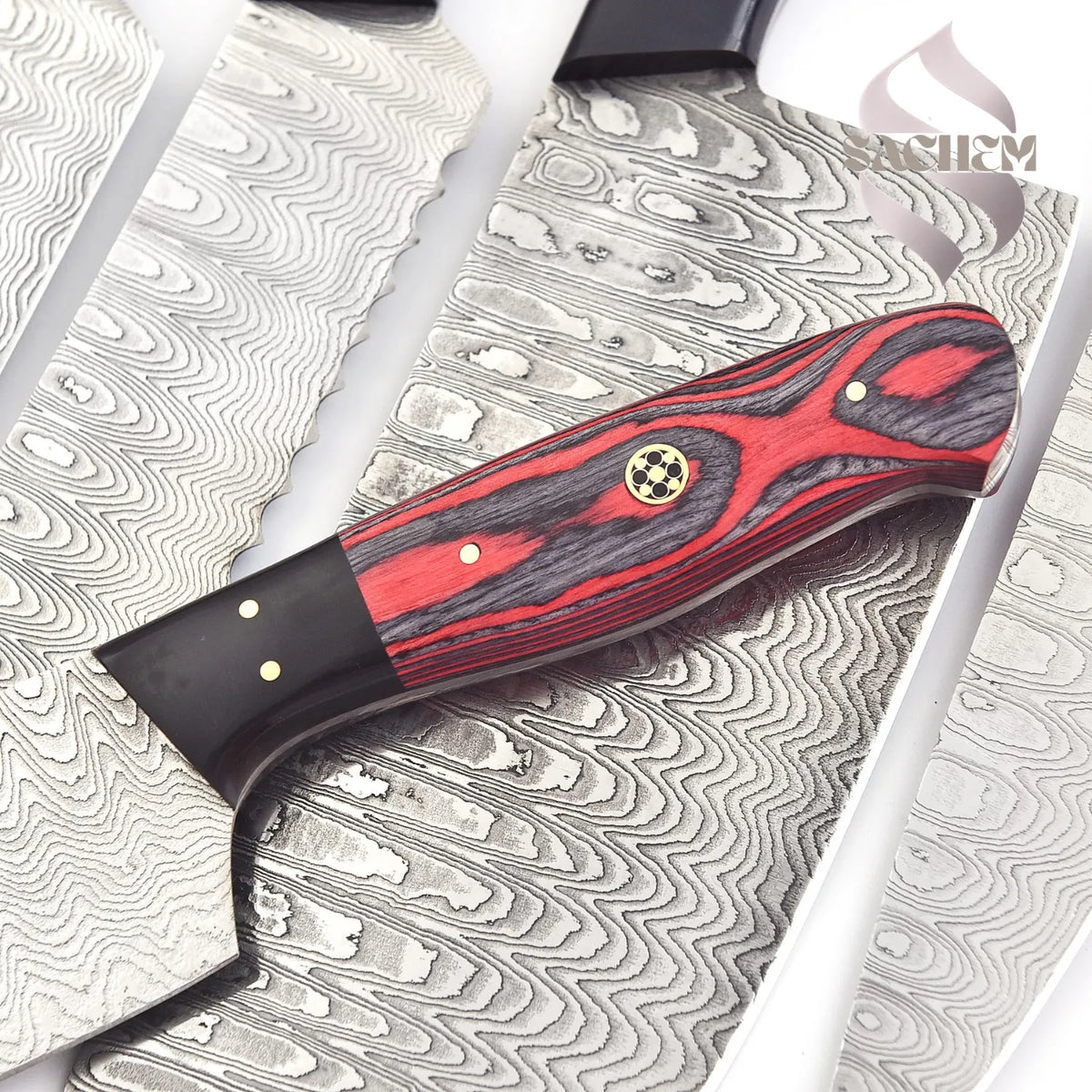 Red 7 pc Damascus Kitchen Knife Set with Bag 136 Sachem