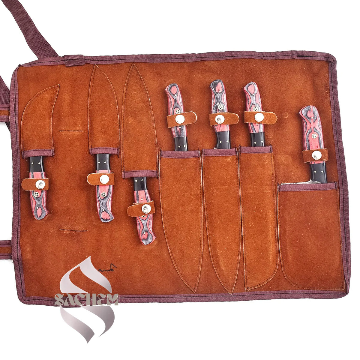 Red 7 pc Damascus Kitchen Knife Set with Bag 136 Sachem