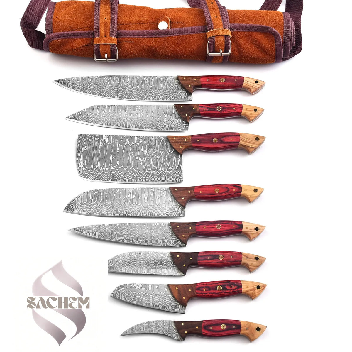 Red 8 pcs Rust Proof Damascus Steel Kitchen Knife Set 129 Sachem