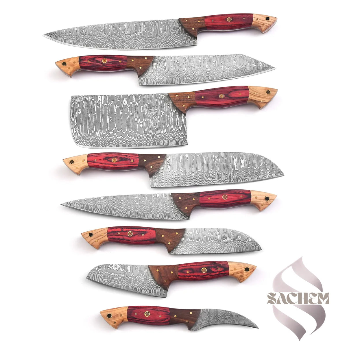 Red 8 pcs Rust Proof Damascus Steel Kitchen Knife Set 129 Sachem