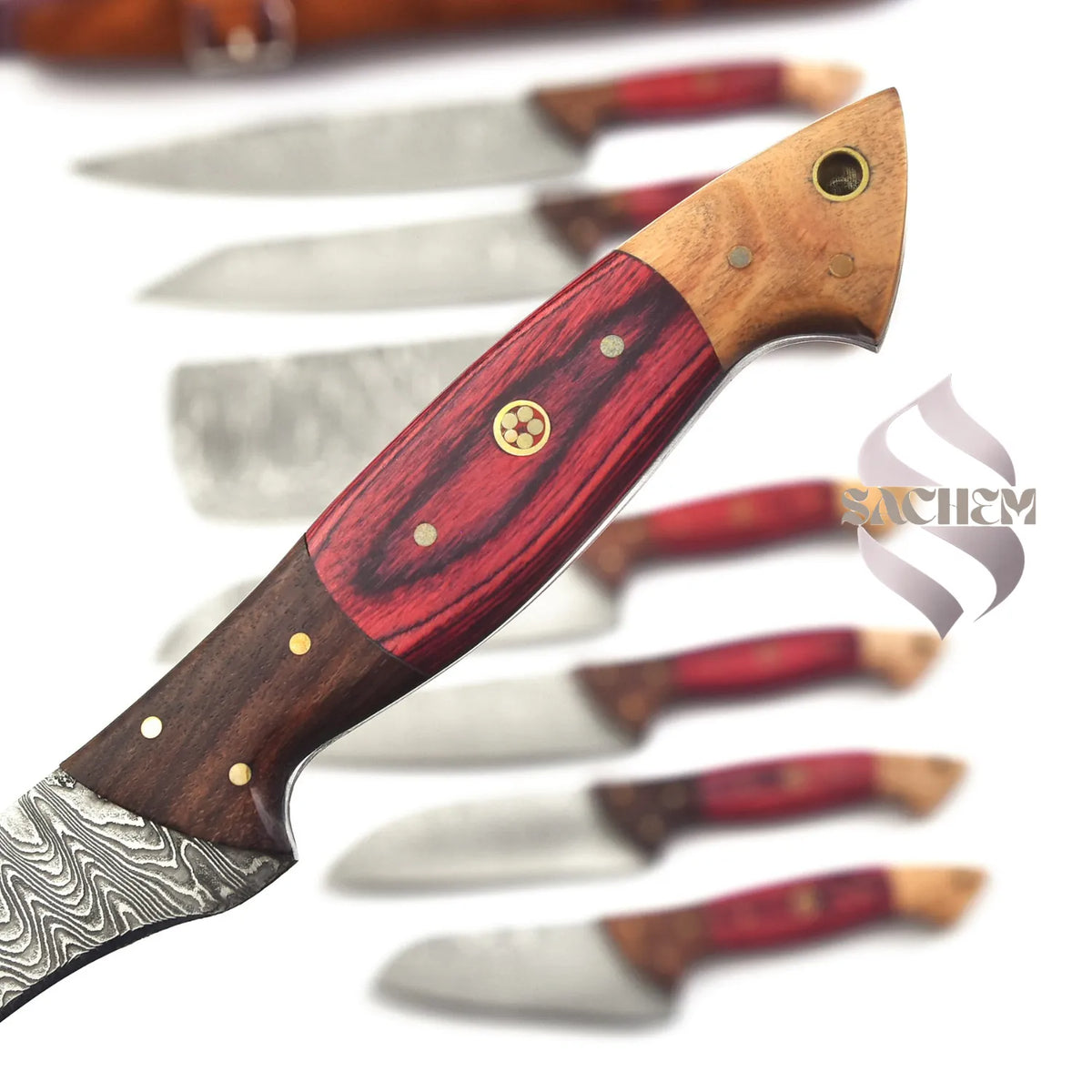 Red 8 pcs Rust Proof Damascus Steel Kitchen Knife Set 129 Sachem