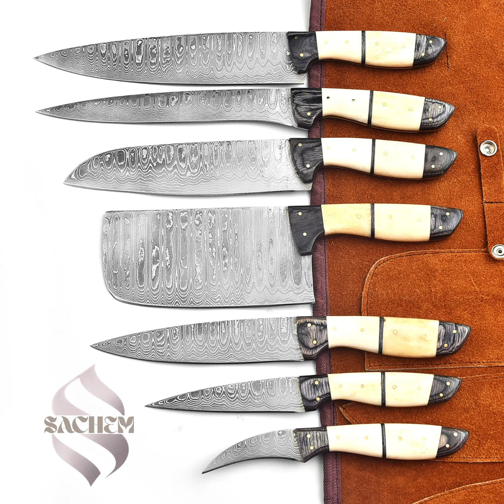 Rust Proof Damascus Steel Chef Knife Set 7 pcs White w Bag