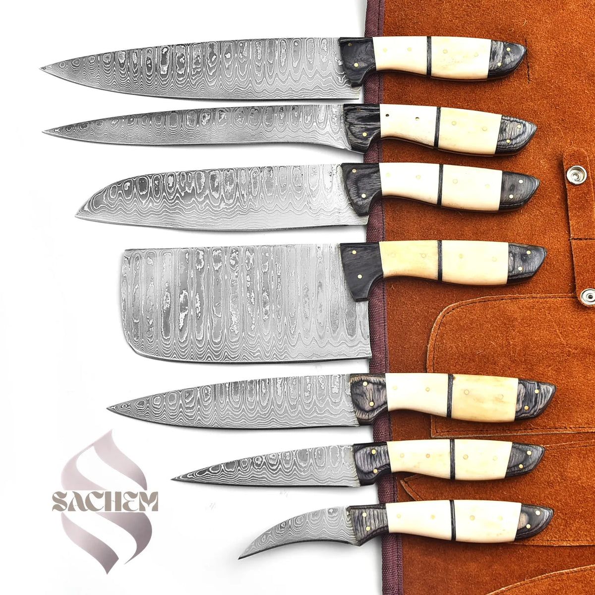 Rust Proof Damascus Steel Chef Knife Set 7 pcs White w Bag