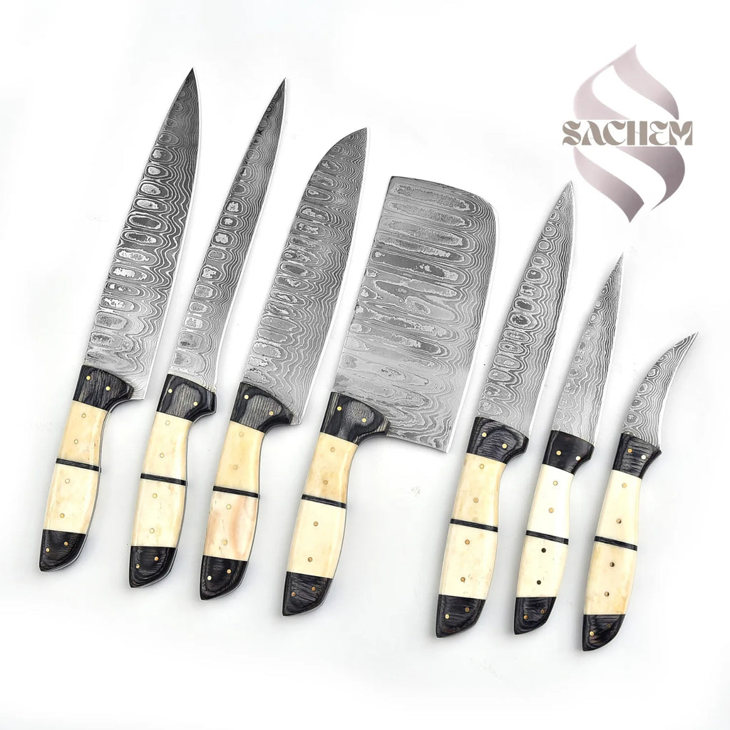 Rust Proof Damascus Steel Chef Knife Set 7 pcs White w Bag
