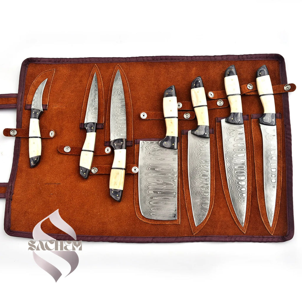 Rust Proof Damascus Steel Chef Knife Set 7 pcs White w Bag