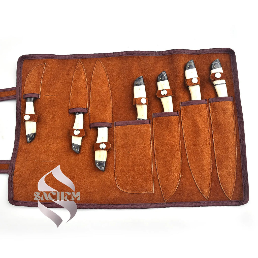 Rust Proof Damascus Steel Chef Knife Set 7 pcs White w Bag