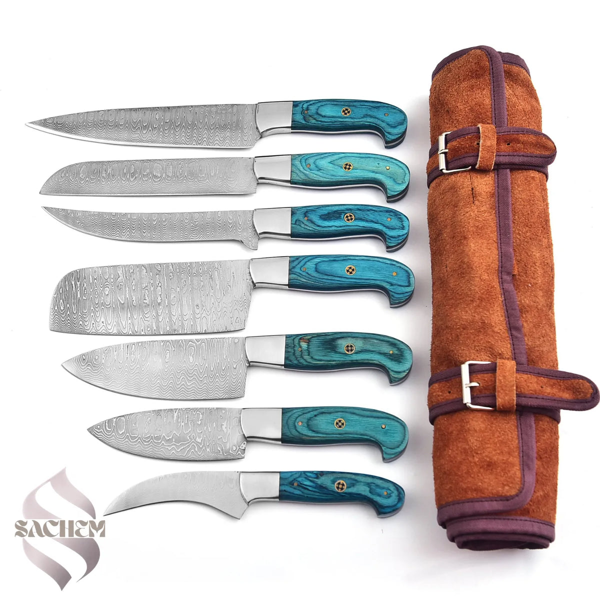 Stainless Damascus Steel Kitchen Knife Set Blue with Bag 101 Sachem