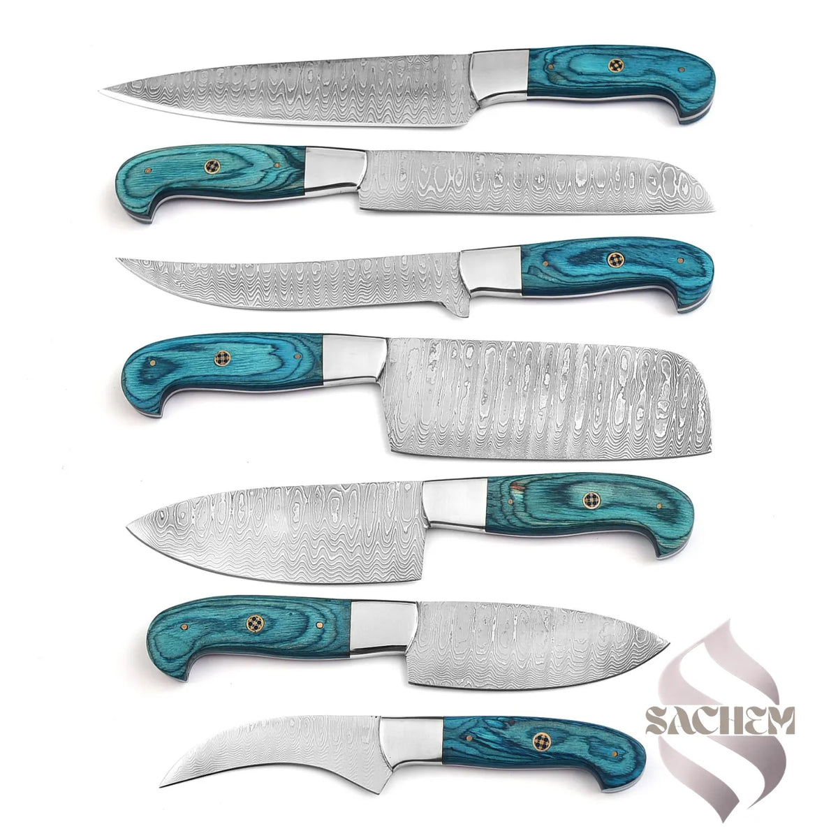 Stainless Damascus Steel Kitchen Knife Set Blue with Bag 101 Sachem