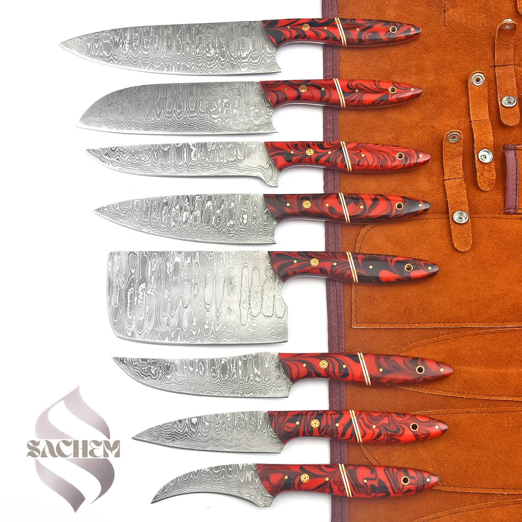 Stainless Steel Damascus Chef Knife Set 8 pcs Red with Bag 103 Sachem