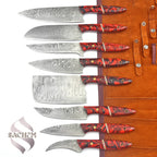 Stainless Steel Damascus Chef Knife Set 8 pcs Red with Bag 103 Sachem