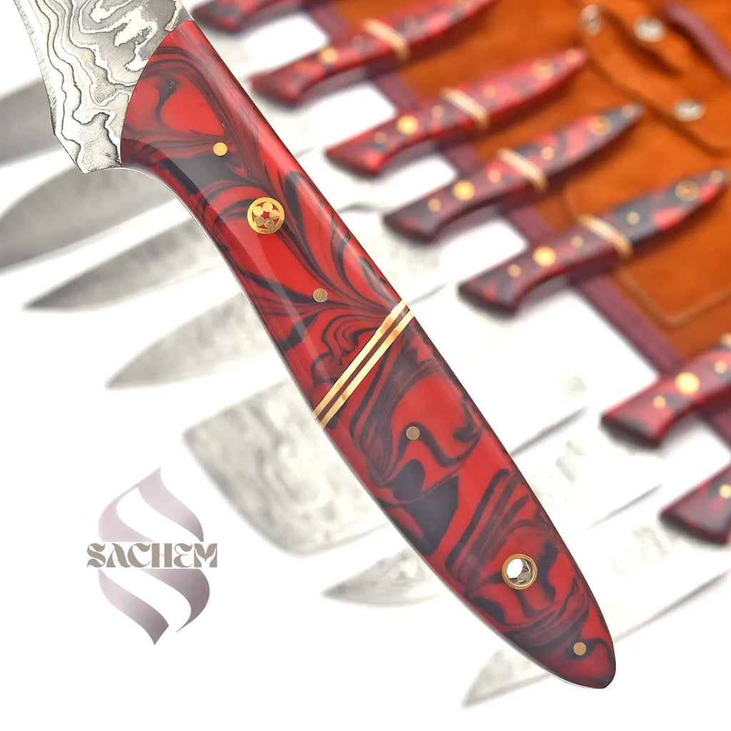 Stainless Steel Damascus Chef Knife Set 8 pcs Red with Bag 103 Sachem