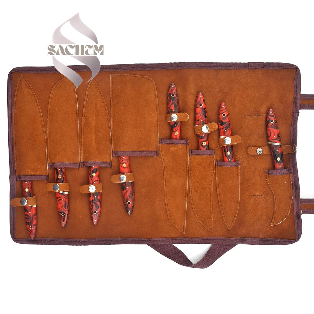 Stainless Steel Damascus Chef Knife Set 8 pcs Red with Bag 103 Sachem